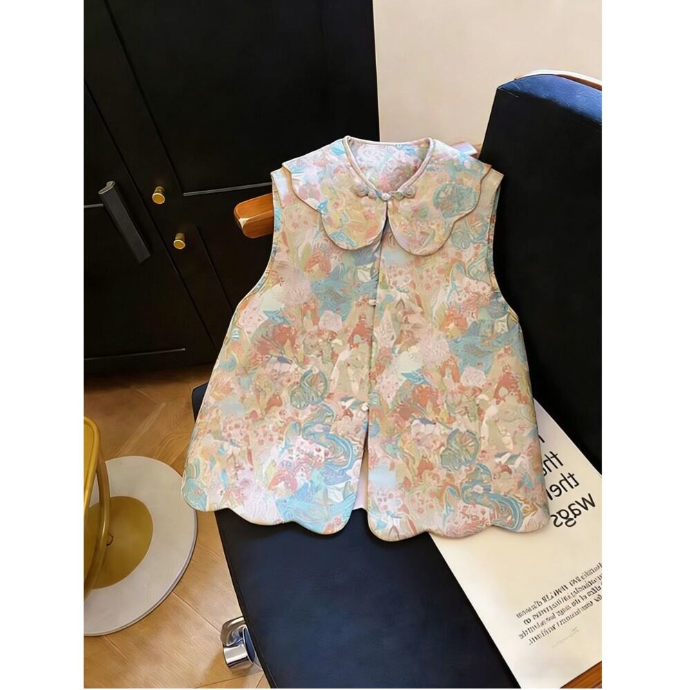 新中式娃娃领碎花马甲女外搭