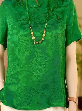 绿色宽松小衫时尚气质新中式女装立领斜襟百搭简约国风T恤女上衣