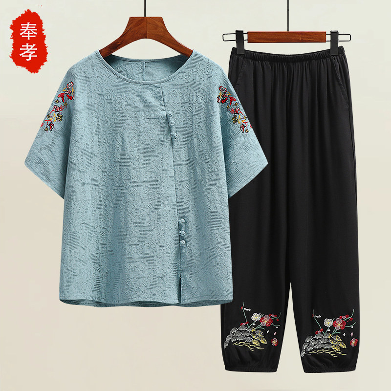 奶奶夏装短袖上衣女中老年薄款棉麻洋派妈妈套装老人太太衣服夏季