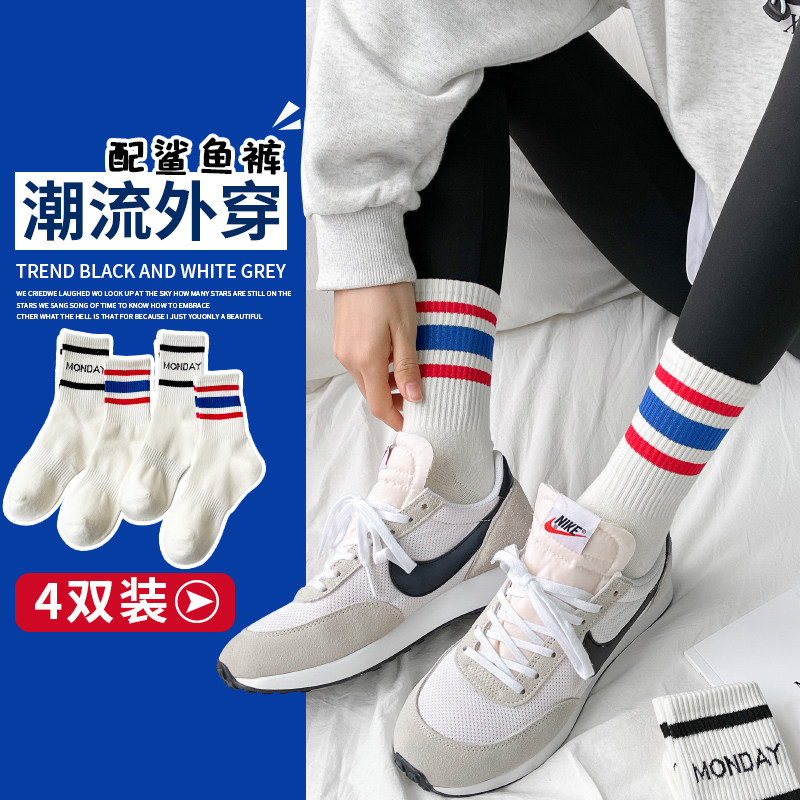 2022白色搭配鲨鱼裤的袜子女中筒袜外穿ins潮芭比裤高筒秋冬长筒