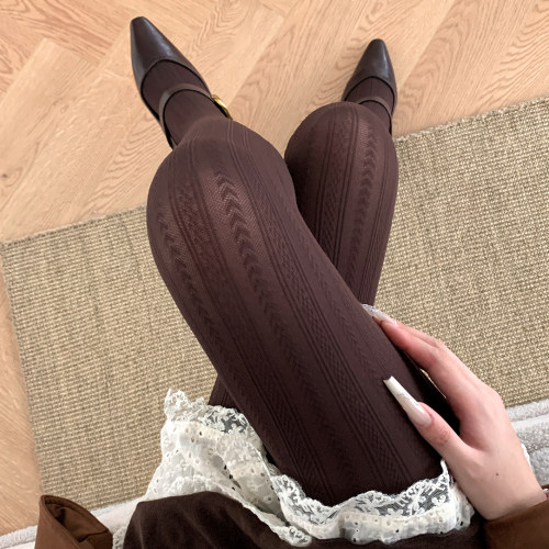 打底袜美拉德咖色连裤袜女竖条纹麦穗提花薄款显瘦弹力外穿1009k
