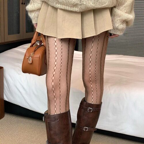 打底袜咖色蕾丝镂空丝袜女链纹连裤袜针织袜搭配靴子渔网袜1009k