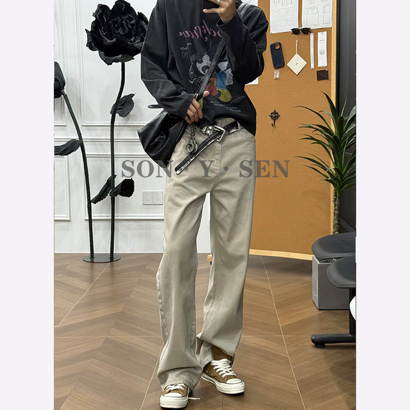 14盎司燕麦色水洗直筒A字牛仔裤男款手缝线设计夏季美式百搭长裤