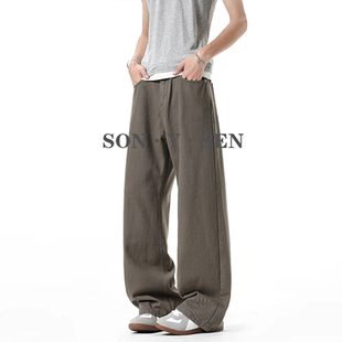 秋冬加绒美式美拉德氛围感复古牛仔裤男款直筒宽松白色休闲长裤男