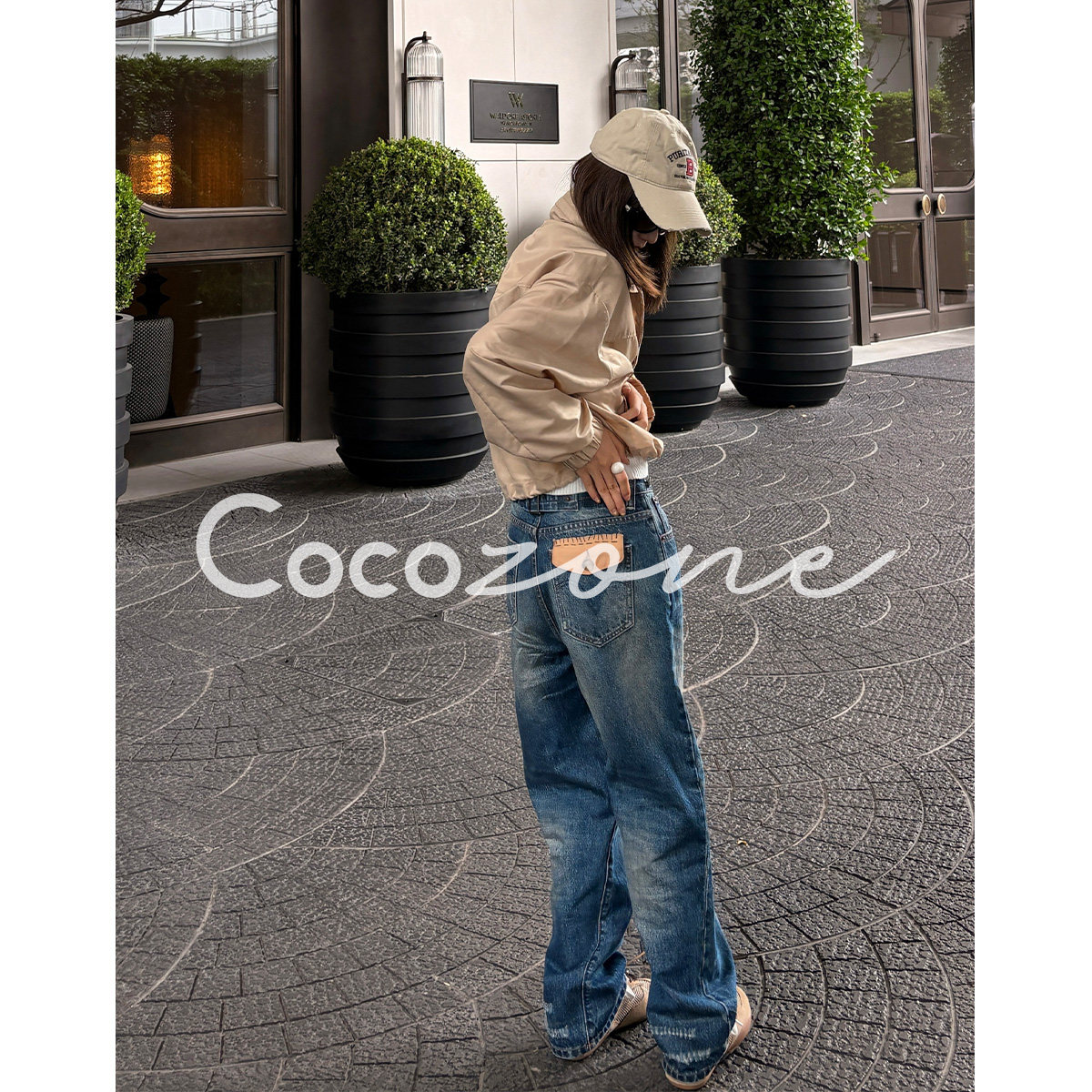 COCO ZONE刘一一"翻盖牛仔裤"100棉早秋双扣直筒复古做旧牛仔裤女