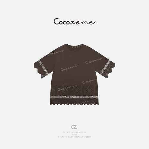 COCO ZONE 刘一一【100棉】蕾丝下摆花边舒适圆领T恤设计感上衣夏