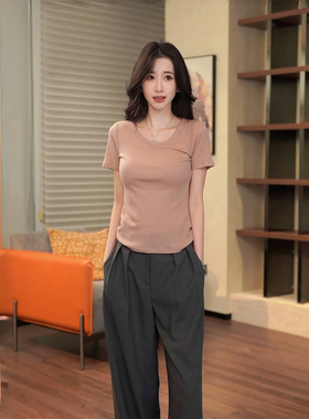 COCO ZONE 刘一一100绵羊毛2026夏季U领纯色肌理感修身短袖T恤女