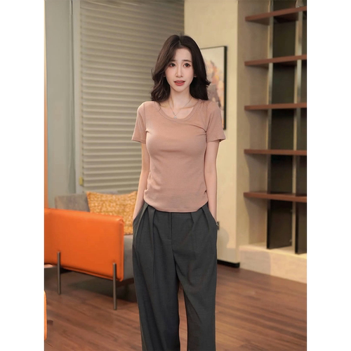 COCO ZONE 刘一一100绵羊毛2026夏季U领纯色肌理感修身短袖T恤女
