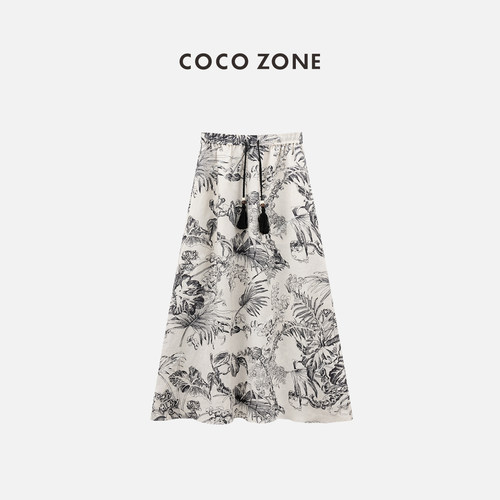 COCO ZONE100亚麻夏季新中式松紧腰水墨风半身裙女新款A字中长裙