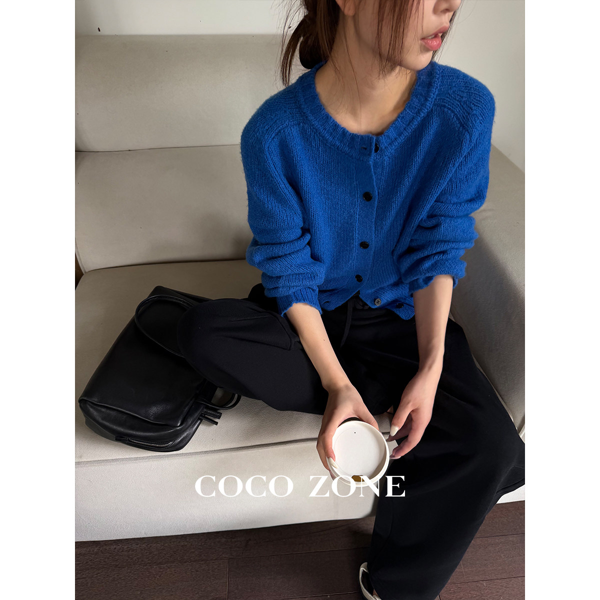 COCO ZONE刘一一秋冬新款圆领单排扣羊毛衫保暖宽松气质开衫外套