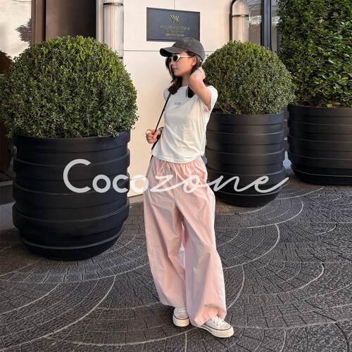 COCO ZONE 刘一一“粉色气球裤”100棉抽绳阔腿裤宽松粉色休闲裤