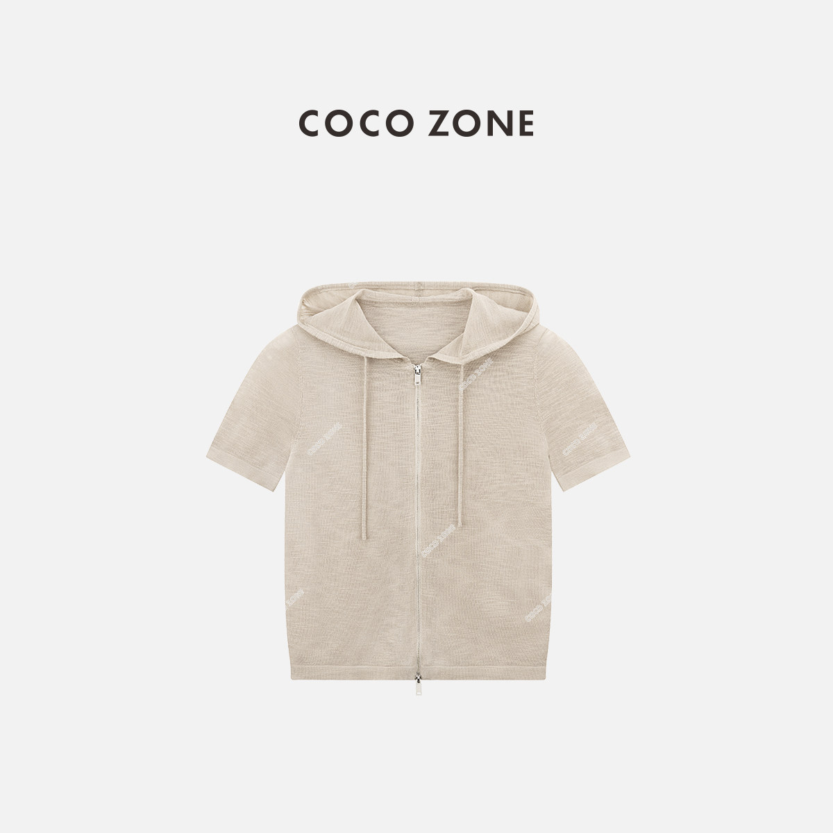 COCO ZONE 刘一一 奶茶帽衫时尚拉链连帽抽绳针织短袖T恤上衣女夏图片