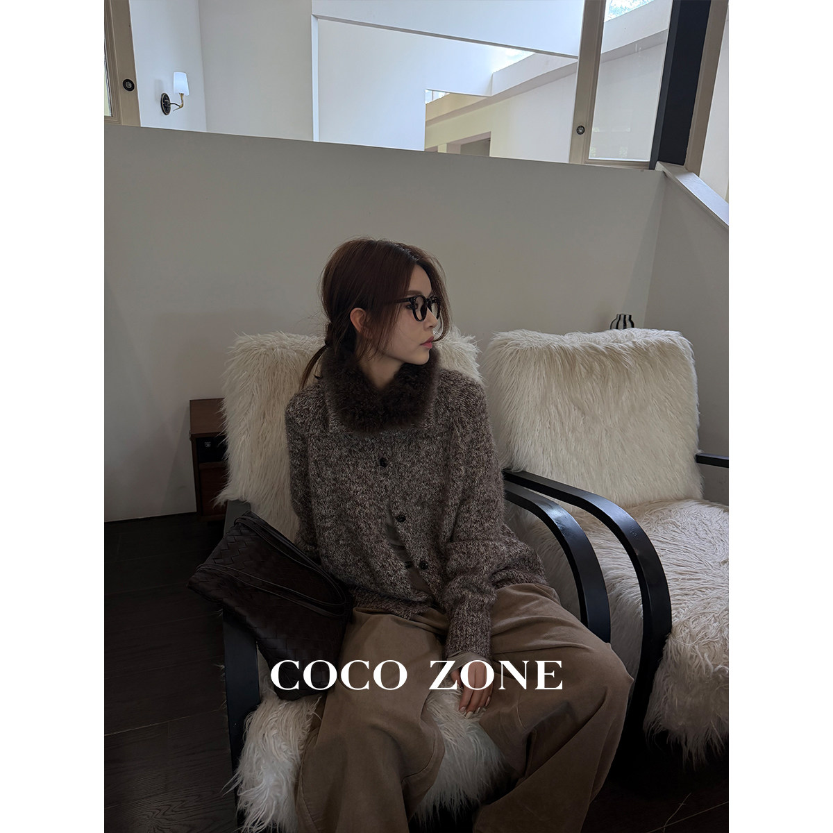 COCO ZONE刘一一秋冬新款老钱风翻领单排扣宽松舒适毛织开衫外套