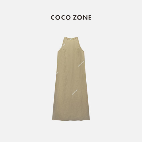 COCO ZONE2024夏季纯色挂脖式无袖连衣裙舒适A字长裙CC1B0895