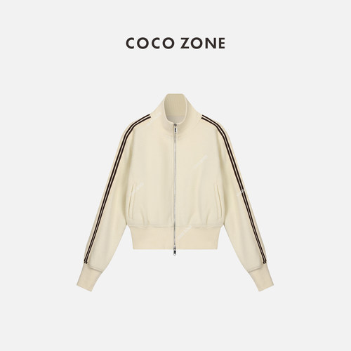 COCO ZONE刘一一秋季100羊毛立领双拉链外套条纹长袖运动23C19337
