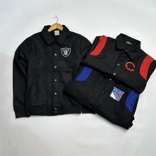 NE北美橄榄球突袭者毛妮夹克 万针刺绣队标 撞色拼接大码宽松外套