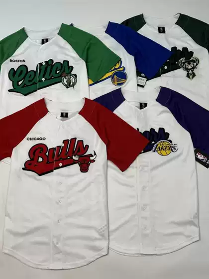 Foreign Trade Surplus Goods American-Style Basketball Single-Row Button Baseball Cardigan with Large Patch Embroidery Team Logo Raglan Sleeve Oversized T-Shirt