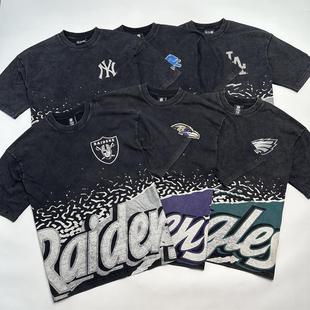 重磅好货 美国棒球和橄榄球突袭者全棉水洗短袖T恤落肩袖宽松半袖