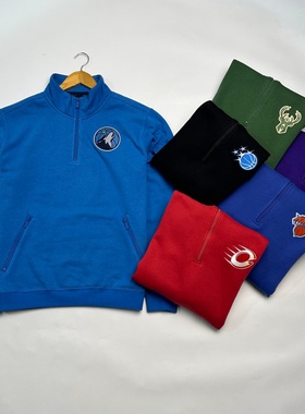 原单STADIUM版美国篮球和MLS男士半拉链加绒卫衣热压队标拉链口袋