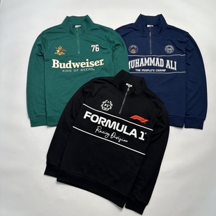 外贸尾货 美式潮牌男士薄款毛圈半拉链卫衣 阿里拳王 F1赛车上衣