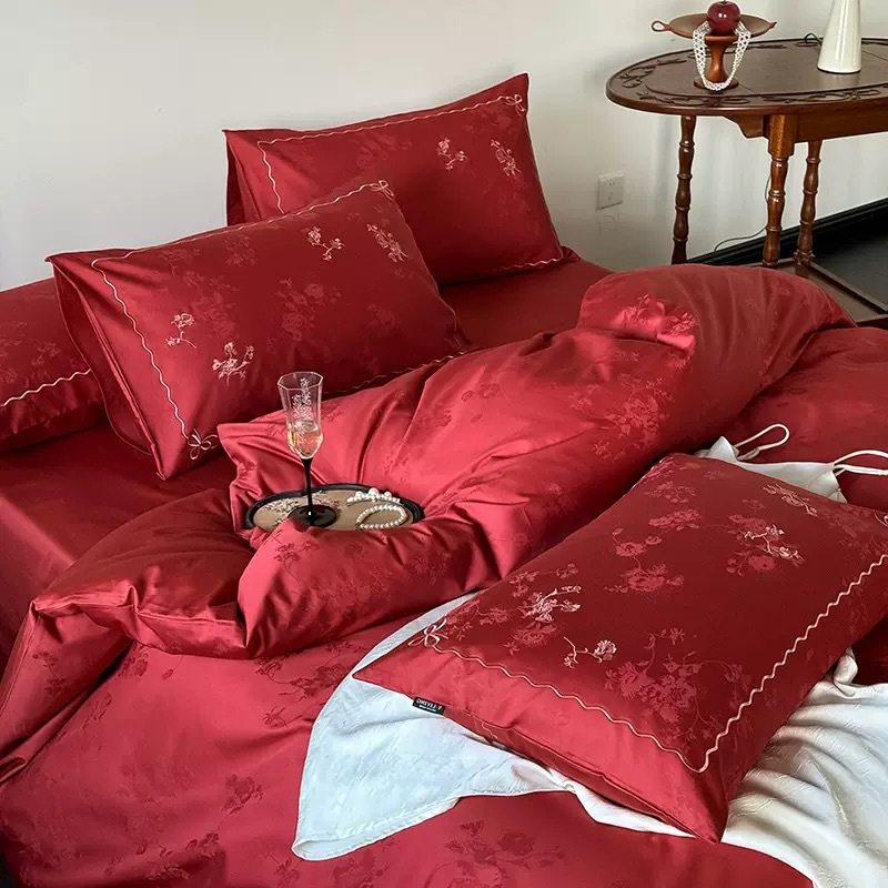 A类60支纯棉婚庆四件套 全棉提花大红色被套床单喜被新婚嫁房被罩