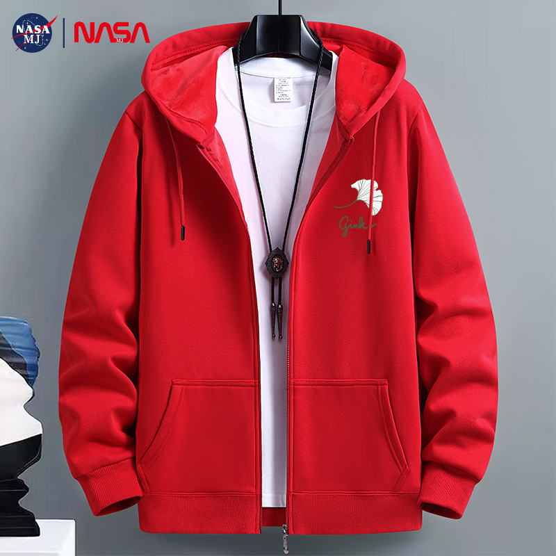 NASA纯棉加绒大码连帽开衫卫衣