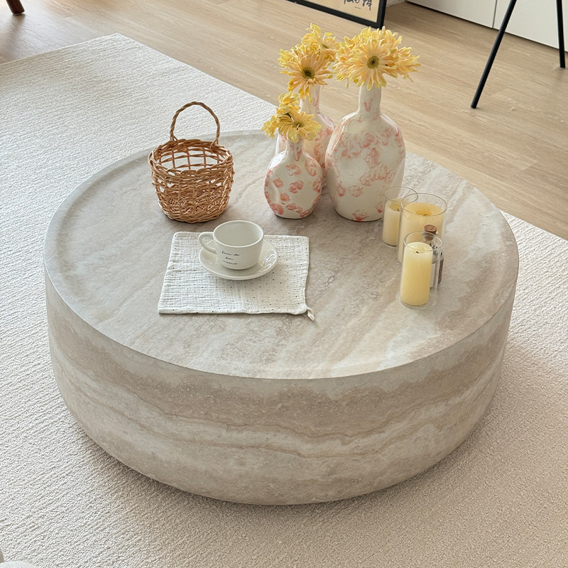 慕利侘寂风洞石茶几客厅家用轻奢现代极简圆形设计师大理石桌子
