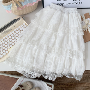 女童白色蛋糕半身裙秋冬2025新款网纱裙儿童甜美蕾丝花边蓬蓬纱裙