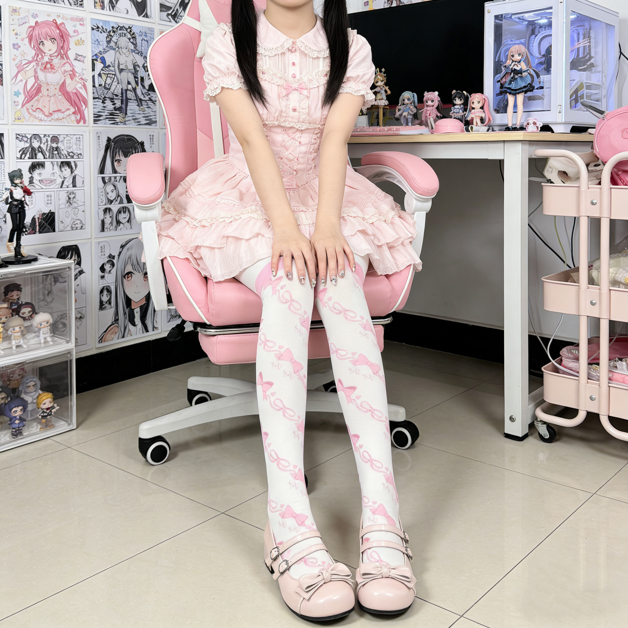 thumbnail for Lolita sweet girl pink bow print pantyhose lolita velvet beautiful skin socks lolita cos stockings