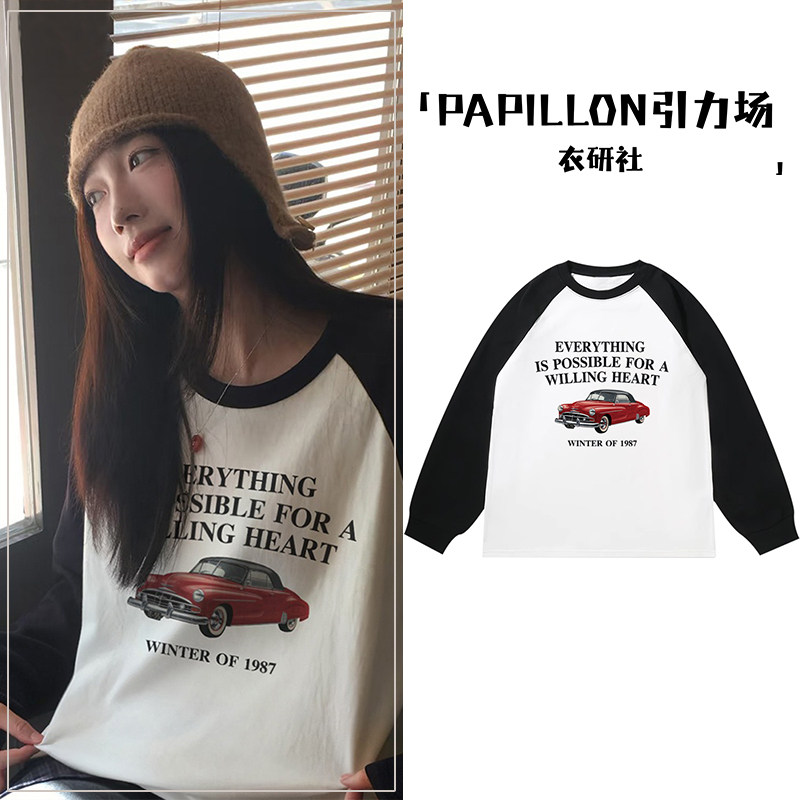 vintage美式复古印花插肩长袖t恤女秋季新款纯棉宽松薄款拼接上衣