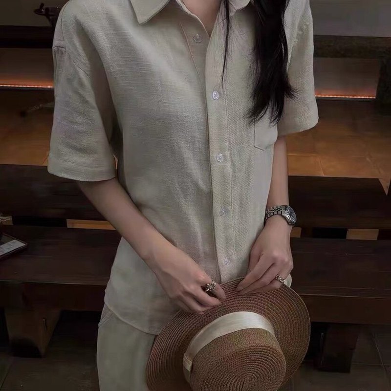 FOBSOM 奢级80%亚麻短袖衬衫通勤百搭老钱风松弛感高质感翻领衬衫