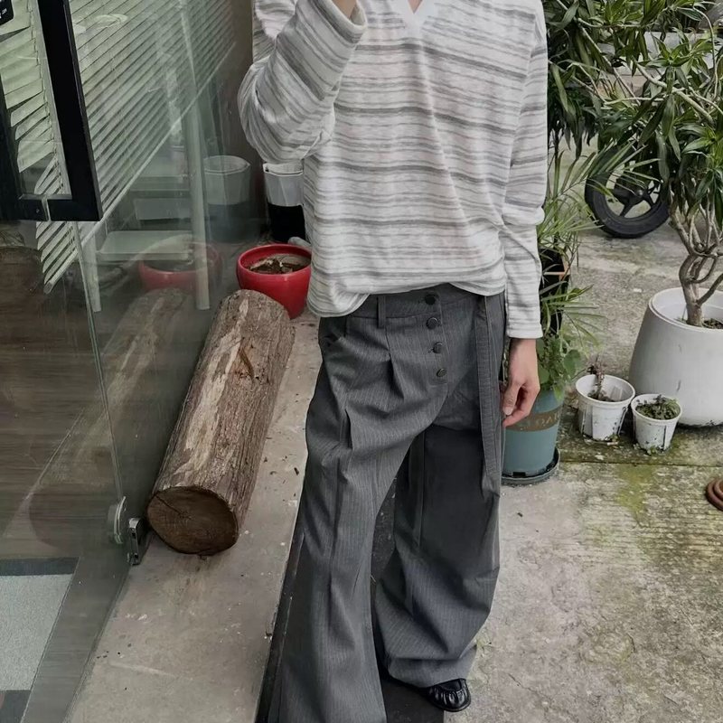 FOBSOM TR混纺暗纹条排扣双褶通勤直筒A字版腰带垂感情侣休闲西裤