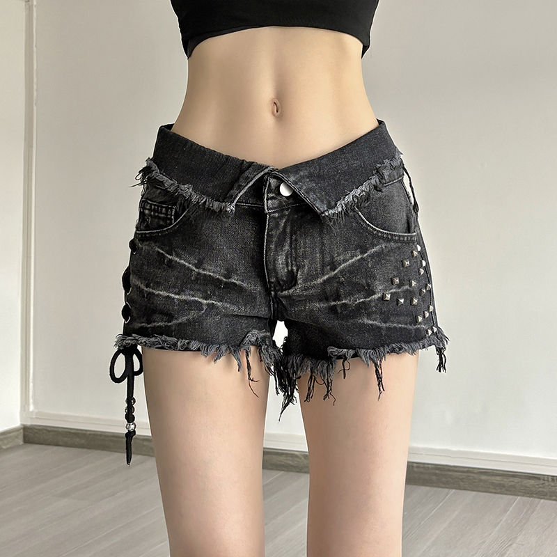 H家欧美女装 街头酷飒翻边腰头牛仔短裤dirtyfit铆钉绑带跳舞热裤