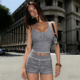 灰色短裤 H家欧美女装 女U领挂脖工字型背心 辣妹运动休闲套装 美式