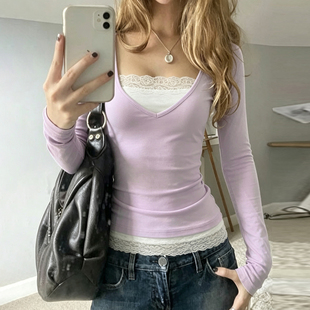 H家欧美女装 法式纯欲蕾丝拼接假两件T恤女显瘦淡紫色针织短上衣
