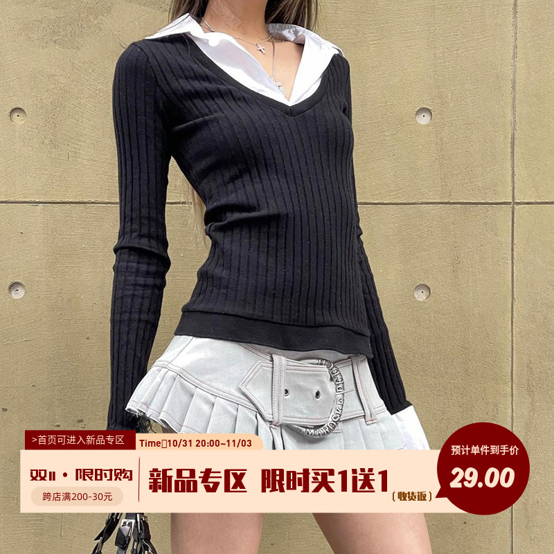 H家欧美女装 美式学院风POLO领拼接假两件上衣修身显瘦打底针织衫