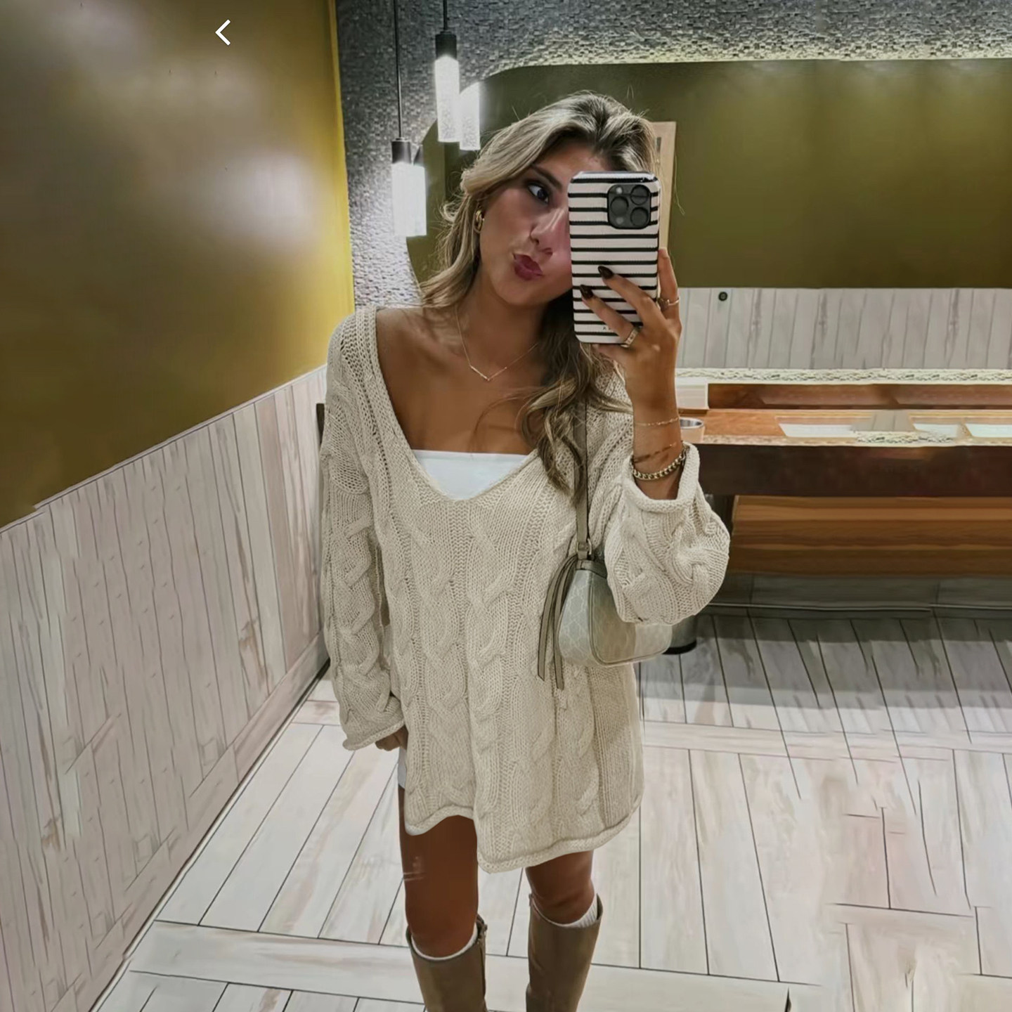 H家欧美女装 美式慵懒深V领纯色麻花毛织毛衣休闲宽松套头针织衫