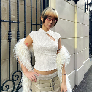 不规则镂空白色短袖 改良盘扣蕾丝上衣 紧身T恤 新中式 H家欧美女装