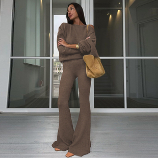 毛巾绣针织长裤 H家欧美女装 斜领露肩T恤 休闲套装 慵懒感秋冬时尚