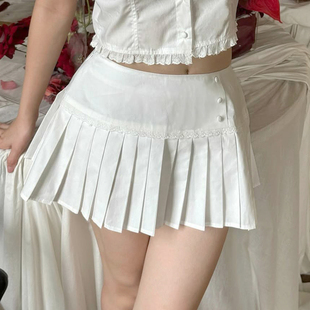 纯欲甜美三粒扣白色百褶裙法式 H家欧美女装 休闲显瘦百搭a字短裙