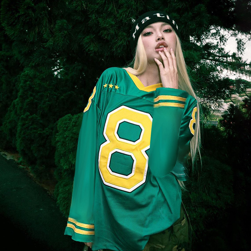 H家欧美女装 复古运动风绿色印花V领长袖球衣休闲宽松显瘦上衣春