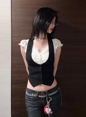 H家欧美女装 asa同款黑白假两件马甲衬衫高智感辣妹收腰挂脖上衣