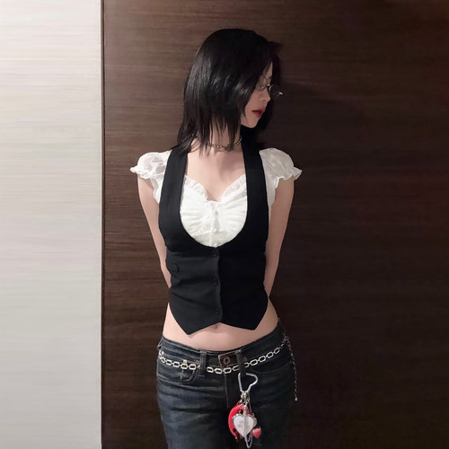 美式学院黑白假两件马甲衬衫