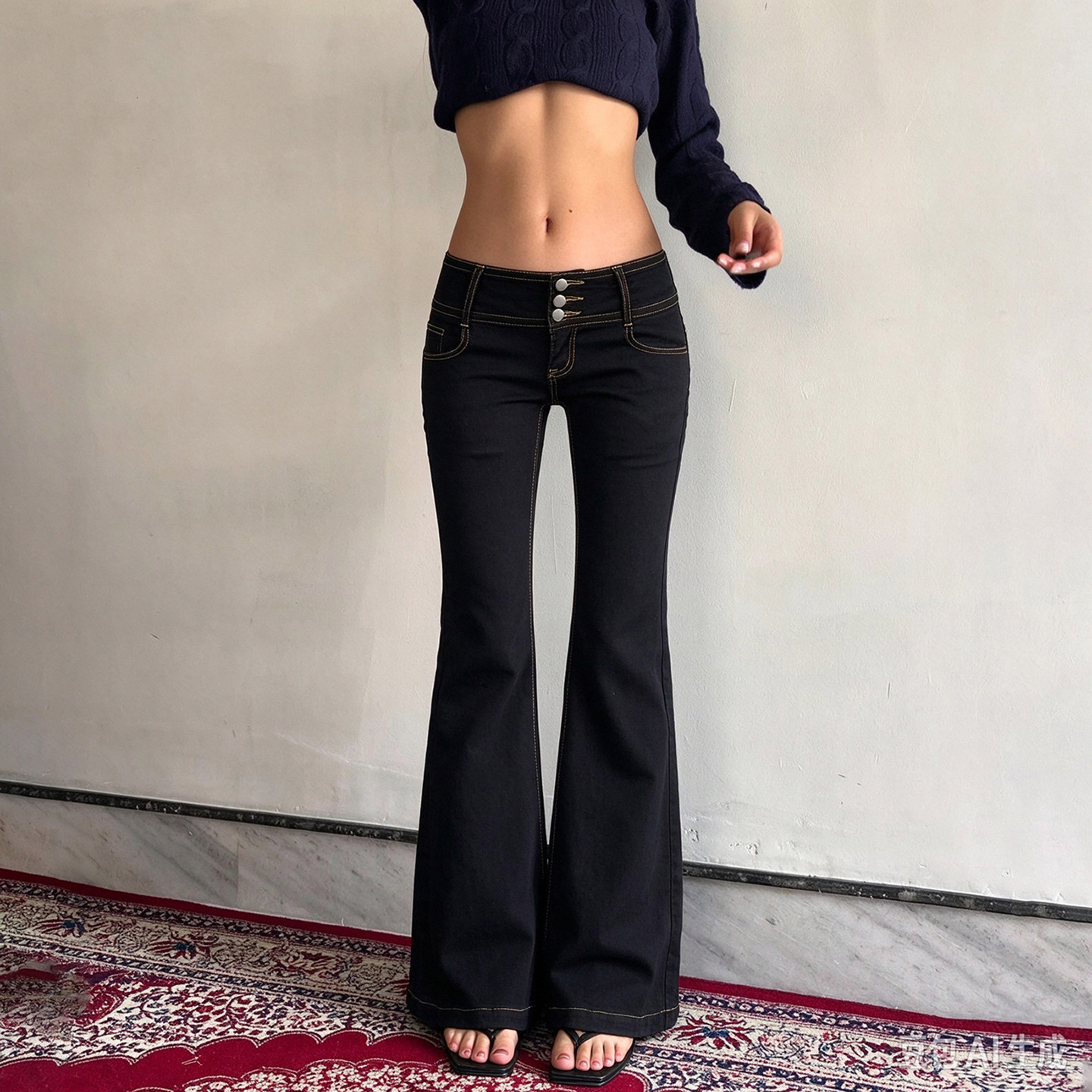 H家欧美女装 美式简约排扣设计低腰微喇牛仔裤修身显瘦黑色喇叭裤