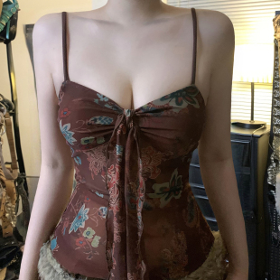 H家欧美女装 复古吉普赛腰果印花绑带胸型吊带女小众棕色网纱上衣