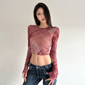跳舞修身 H家欧美女装 甜辣酷girl红色格纹透视网纱T恤 打底短上衣