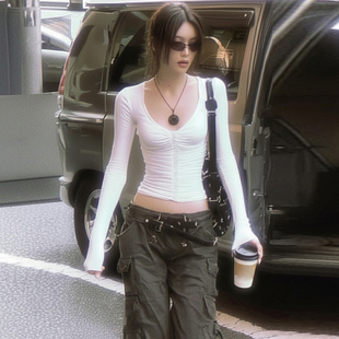 显瘦气质打底衫 T恤修身 高街辣妹低胸V领褶皱收腰长袖 H家欧美女装