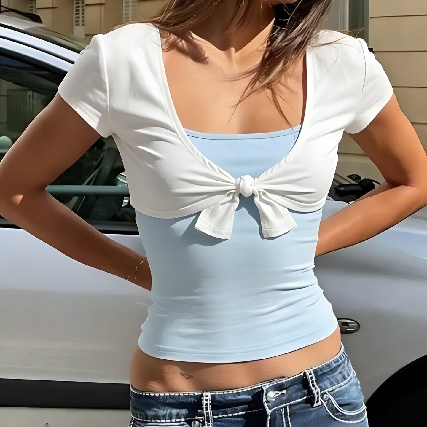 H家欧美女装 简约bm风撞色两件套上衣 纯色短袖绑带罩衫+修身吊带图片