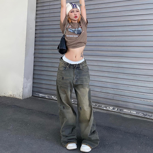 女百搭宽松阔腿长裤 H家欧美女装 街头潮儿字符印花水洗复古牛仔裤