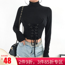 T恤女绑带束腰内搭打底衫 短款 紧身上衣百搭 欧美风2019春新款 长袖